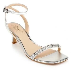 Jewel Badgley Mischka 8 Charisma Kitten Heel Ankle Strap Sandal Silver Crystal